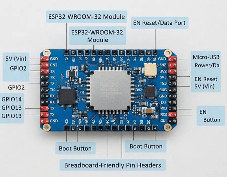 Placa de desarrollo ESP32, con sus pines y componentes claramente etiquetados para una fácil identificación