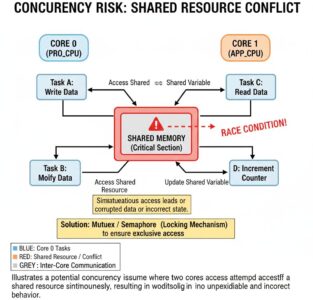 Los riesgos de conflictos de recursos al usar la funcionalidad de doble núcleo del ESP32 incluyen:*   **Condiciones de carrera (Race Conditions):** Dos o más núcleos intentan acceder y modificar el mismo recurso (como una variable o un periférico) al mismo tiempo, lo que resulta en resultados impredecibles y errores.*   **Interbloqueos (Deadlocks):** Dos núcleos se quedan esperando mutuamente un recurso que el otro núcleo está manteniendo, lo que lleva a que el sistema se detenga.*   **Inanición (Starvation):** Un núcleo puede monopolizar el acceso a un recurso compartido, impidiendo que otros núcleos accedan a él y progresen en sus tareas.*   **Sobrecarga del bus (Bus Contention):** Si ambos núcleos intentan acceder a la memoria o a periféricos a través del bus del sistema simultáneamente, pueden generarse colisiones, lo que degrada el rendimiento.*   **Problemas de sincronización:** Asegurar que las tareas en diferentes núcleos se ejecuten en el orden correcto y que los datos se compartan de manera consistente requiere mecanismos de sincronización (semáforos, mutexes, colas). Una implementación incorrecta de estos mecanismos es una fuente común de errores.*   **Uso ineficiente de recursos:** Si la carga de trabajo no está bien distribuida, un núcleo podría estar sobrecargado mientras que el otro permanece inactivo, lo que no aprovecha completamente la capacidad del doble núcleo.*   **Dificultad de depuración:** Los problemas de concurrencia son notoriamente difíciles de depurar, ya que pueden ser intermitentes y depender del momento exacto en que ocurren los eventos en cada núcleo.Para mitigar estos riesgos, es crucial emplear técnicas de programación concurrente adecuadas, como el uso de:*   **Semáforos y Mutexes:** Para controlar el acceso a recursos críticos.*   **Colas (Queues):** Para la comunicación segura entre núcleos.*   **Barriers:** Para sincronizar la ejecución de múltiples núcleos en puntos específicos.*   **Diseño de software cuidadoso:** Dividir las tareas de manera lógica y clara entre los núcleos.