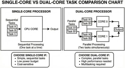Este gráfico comparativo de la asignación de tareas en núcleos simples y dobles en el ESP32 ayuda a los lectores a elegir la opción adecuada