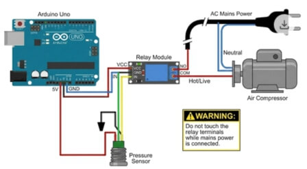 Instrucciones de cableado para el proyecto de bricolaje de Arduino con compresor de aire