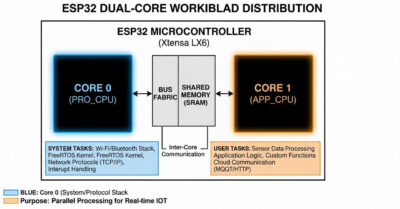 Explica cómo se distribuye la carga de trabajo entre los dos núcleos del ESP32