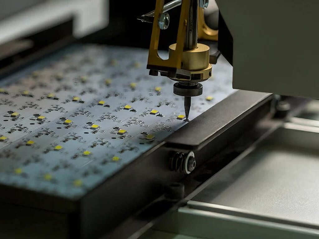 Eine Pick-and-Place-Maschine platziert LED-SMD-Bauteile auf einem Aluminiumsubstrat
