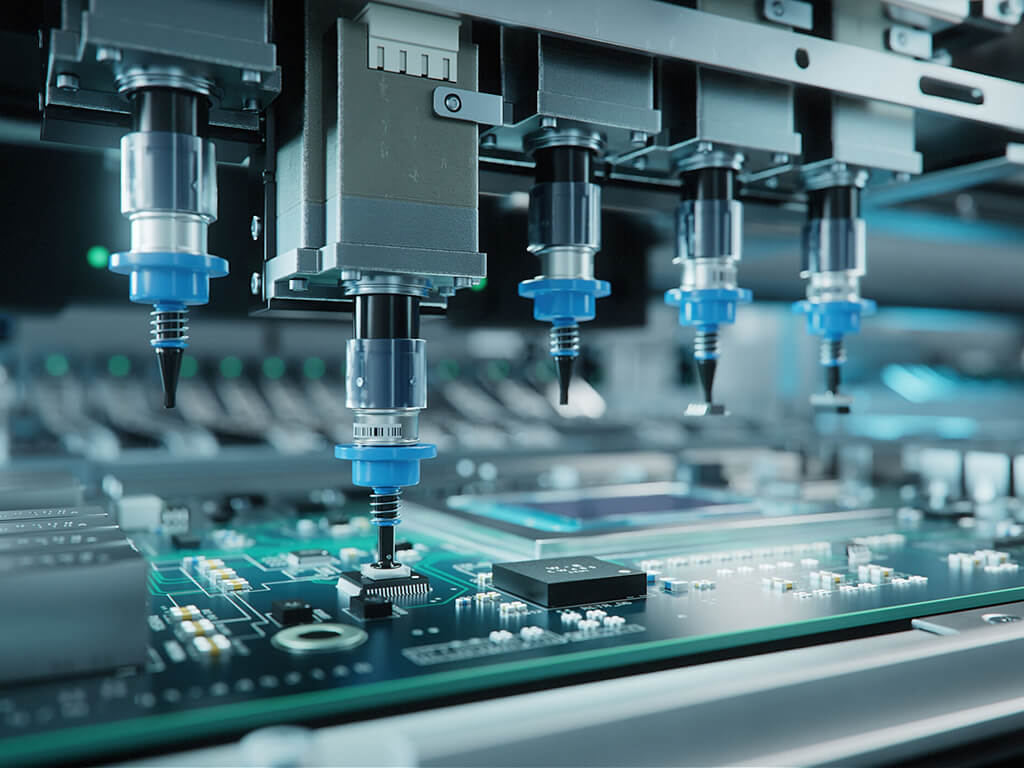 Eine Bestückungsmaschine führt SMT-Bestückung auf einer hochpräzisen Leiterplatte durch
