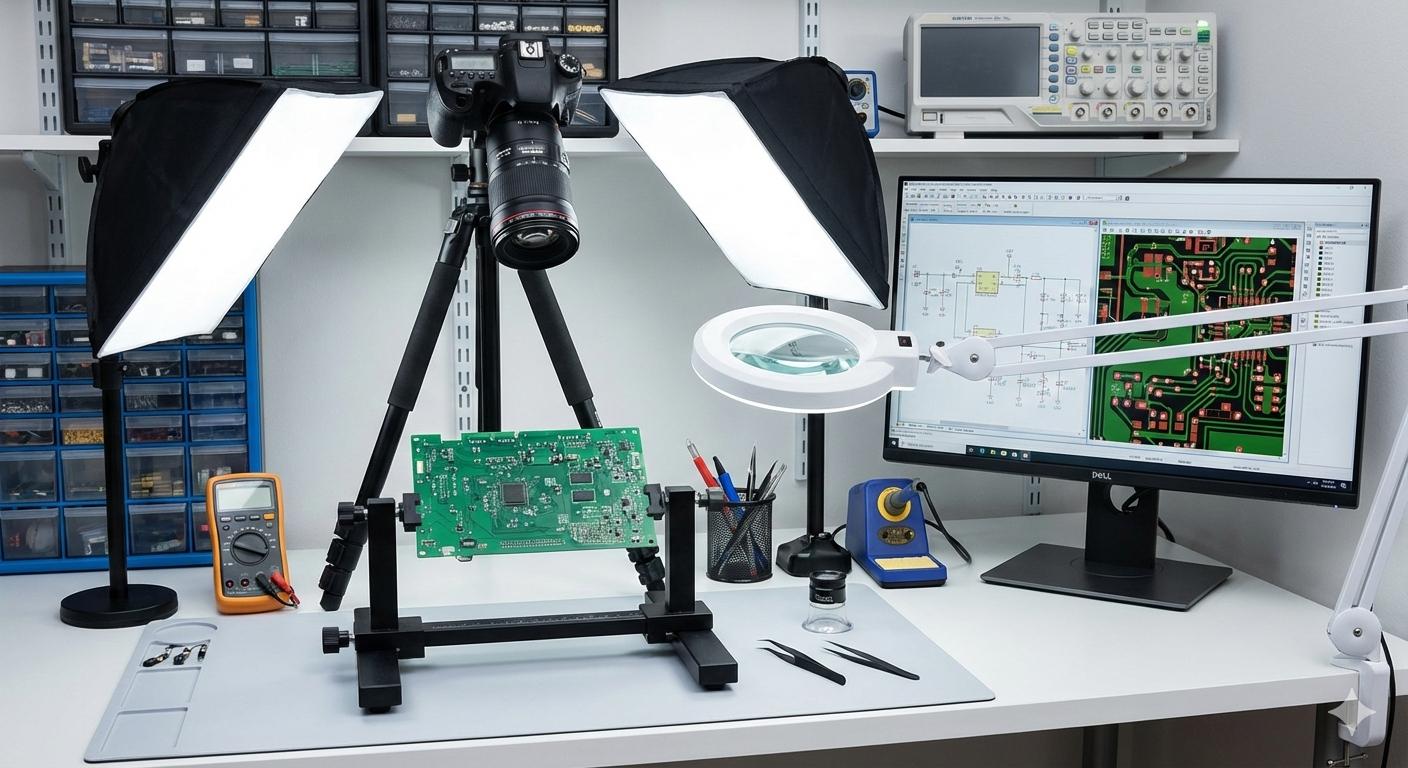 Un banco de trabajo preparado para trabajos de ingeniería inversa de PCB.