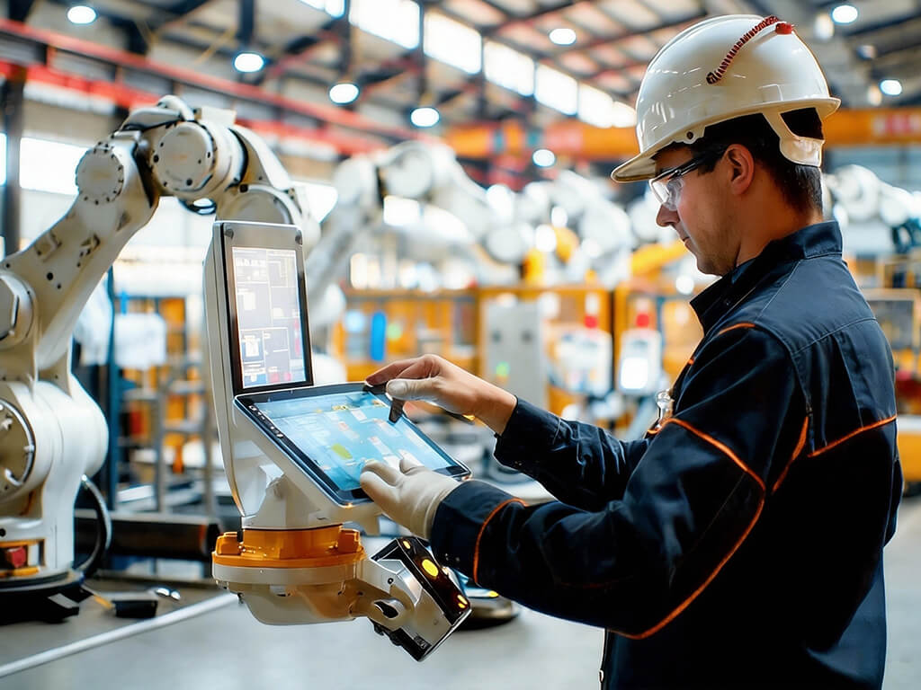 Ein Arbeiter bedient mit einem Tablet Industrie-IoT-Geräte.