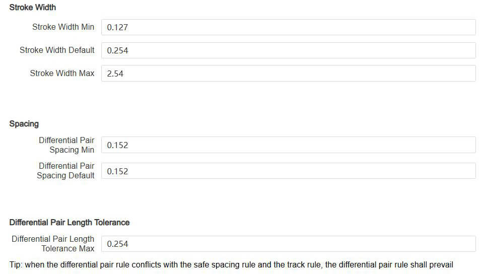 Differential pair length matching settings in EasyEDA