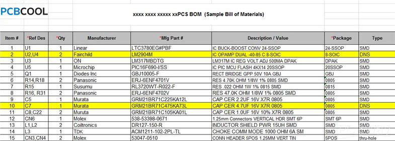 Ejemplo de archivo BOM de PCBCool