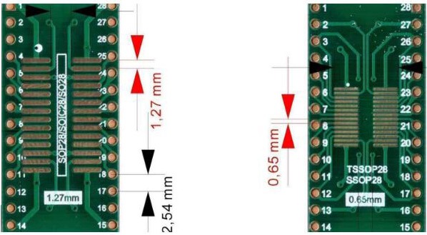 Comparación de dimensiones de encapsulados SOIC estrecho vs. ancho (medición con calibrador)