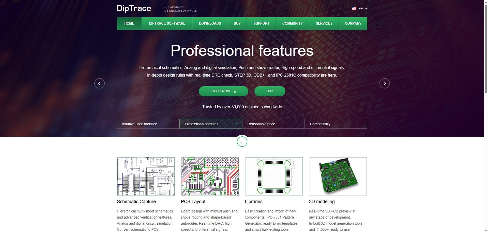 Screenshot of the DipTrace official website homepage