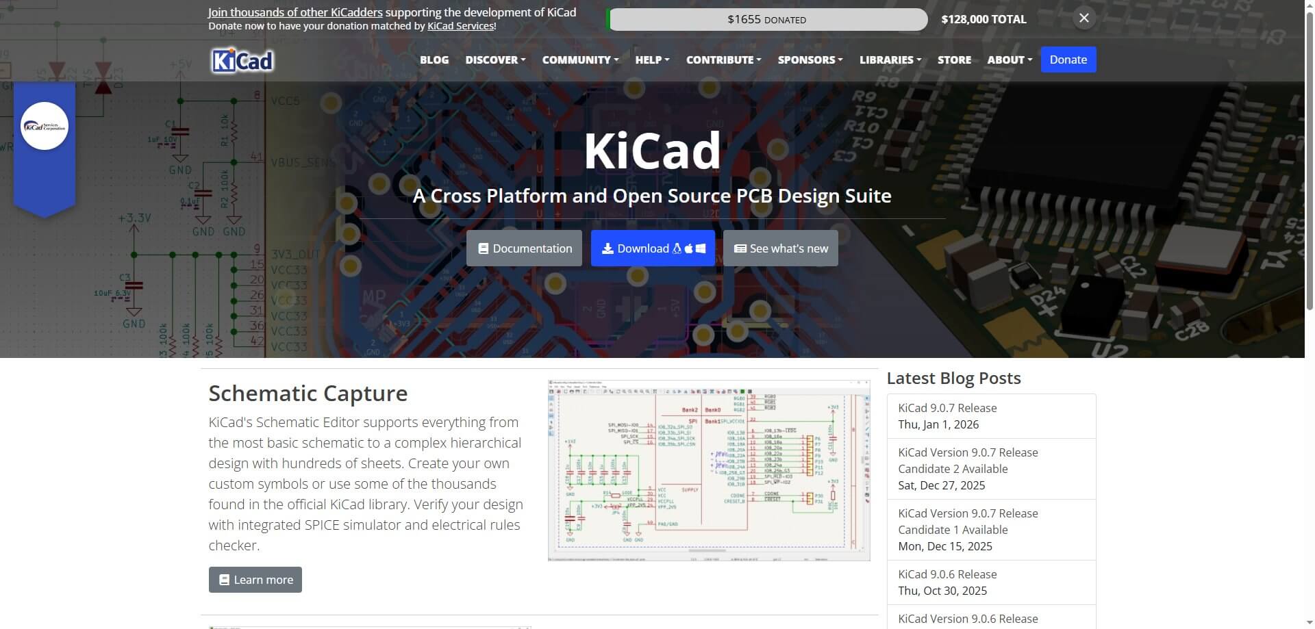 Screenshot of the KiCad official website homepage