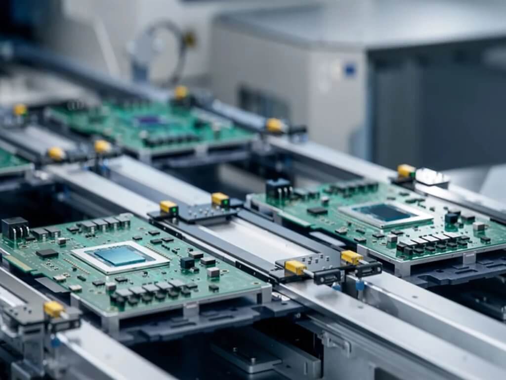 A carrier machine on the SMT production line is transporting PCBA boards