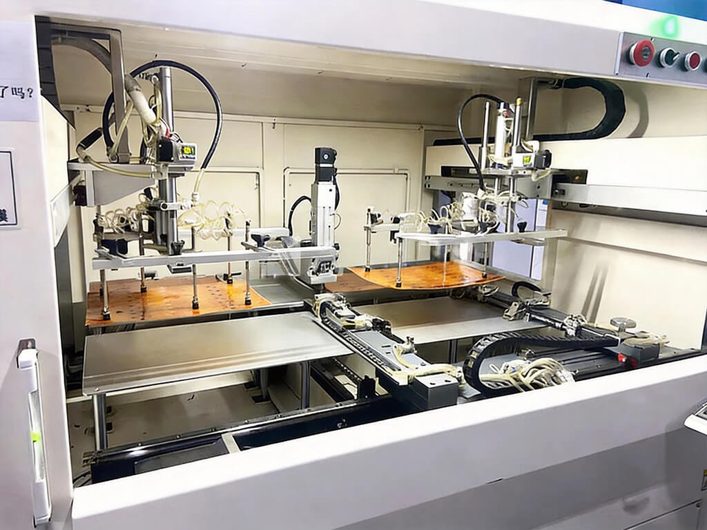 A pick and place machine is operating on a flexible PCB