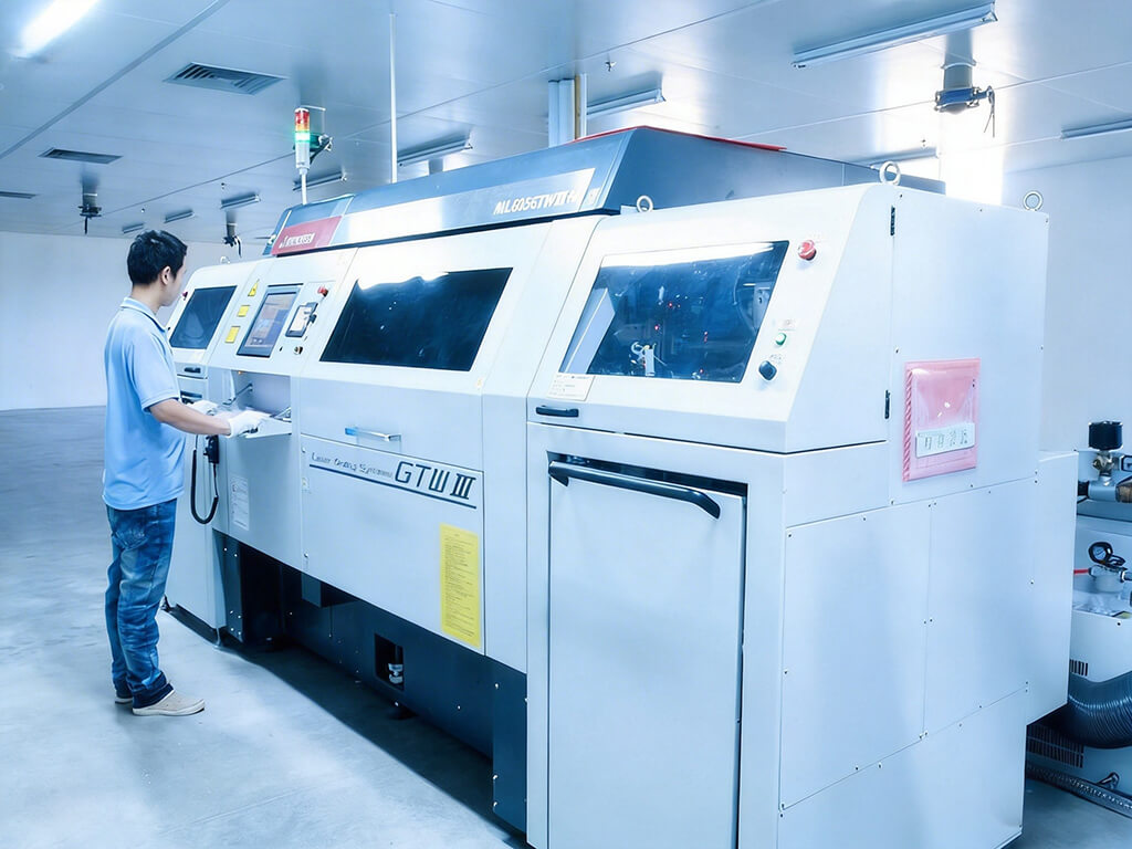 Ein Arbeiter bedient eine Laserbohrmaschine