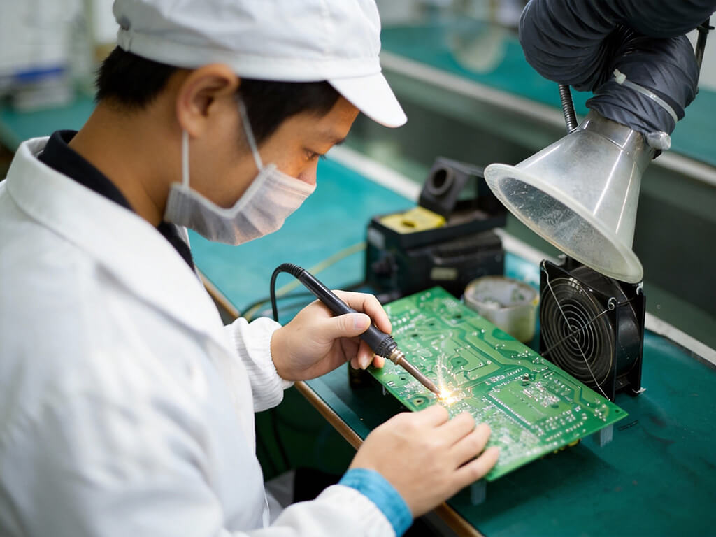 A worker is welding a multi layer PCB board