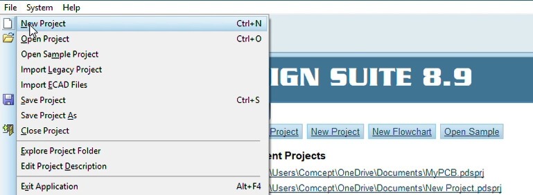 Una captura de pantalla de la interfaz para crear un nuevo proyecto de PCB en el software Proteus