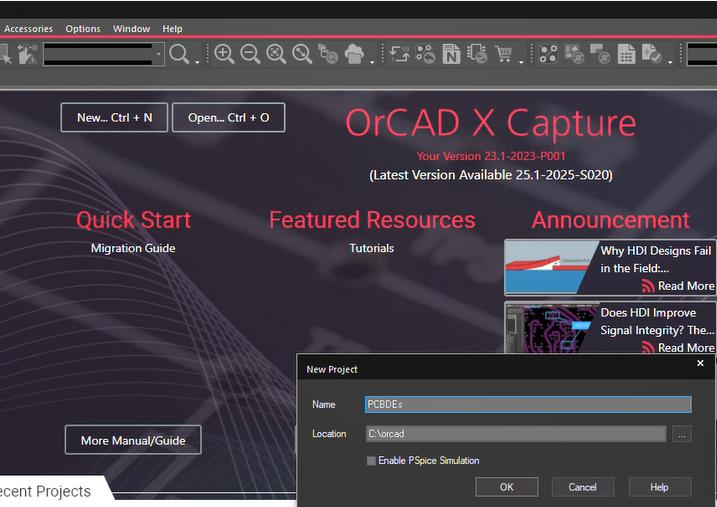 La interfaz para crear un nuevo proyecto de diseño de PCB en el software OrCAD