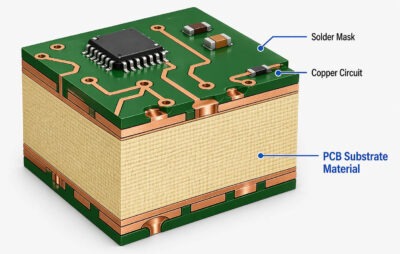 Una vista en corte transversal de la PCB que ilustra la ubicación del material sustrato dentro de la PCB