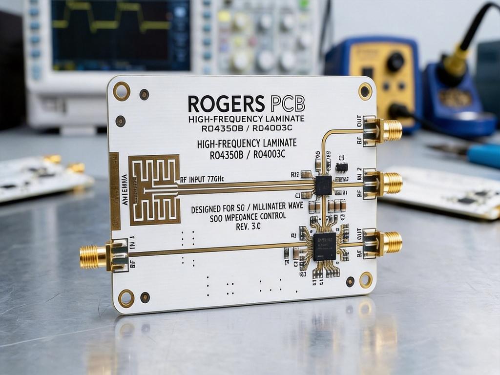 An assembled Rogers PCBA board stands upright on the table