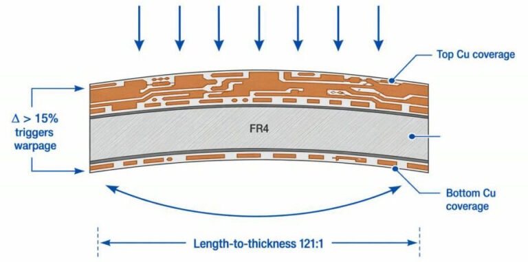Ilustración técnica de corte transversal de una PCB de dos capas que muestra cómo la cobertura de cobre asimétrica causa deformación térmica durante el reflujo, con el delta de cobertura y la dirección de comba resultantes anotados.