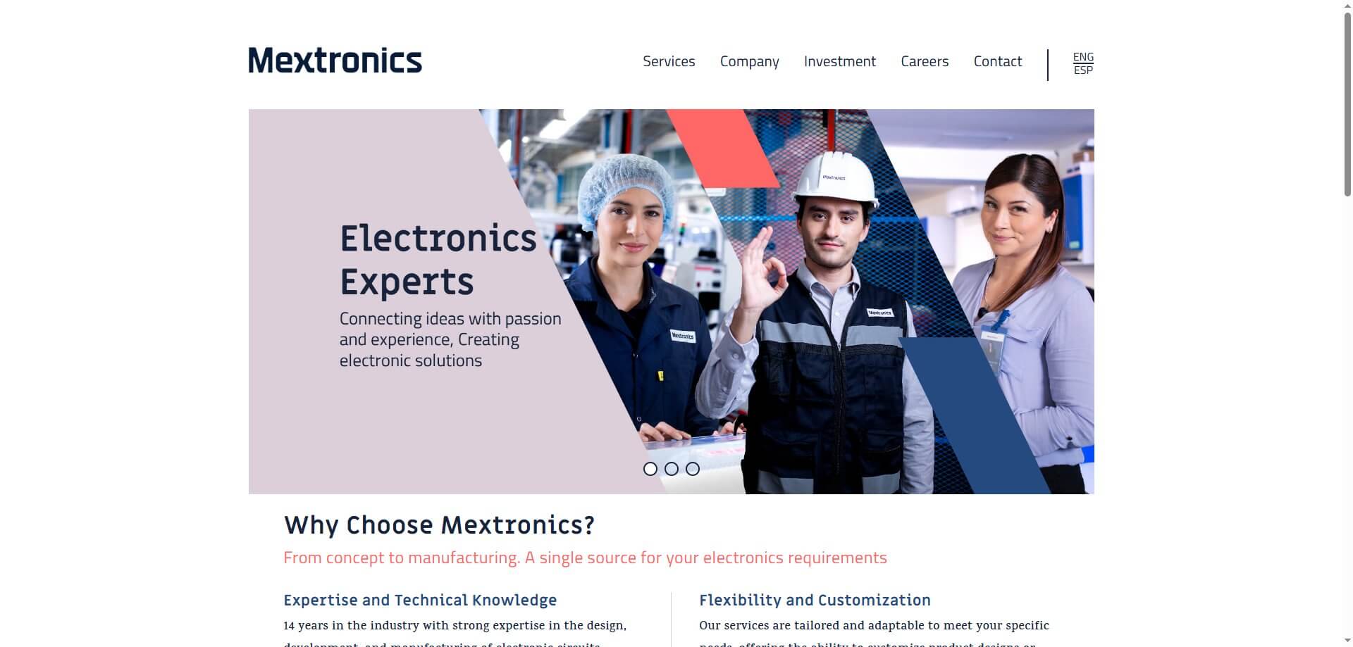Captura de pantalla de la página de inicio del sitio web oficial de MexTronics