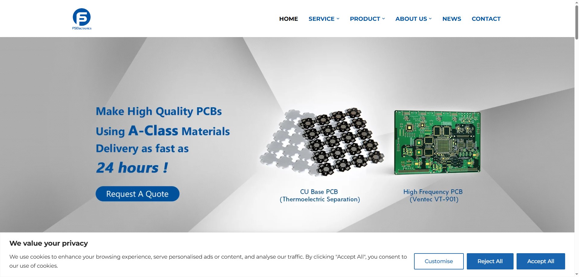 Captura de pantalla de la página principal del sitio web oficial de PS Electronics