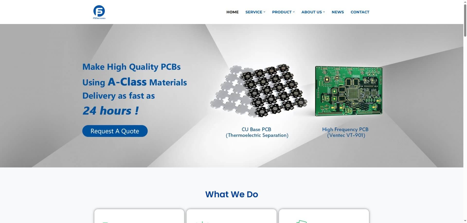 Captura de pantalla de la página principal del sitio web oficial de PS Electronics