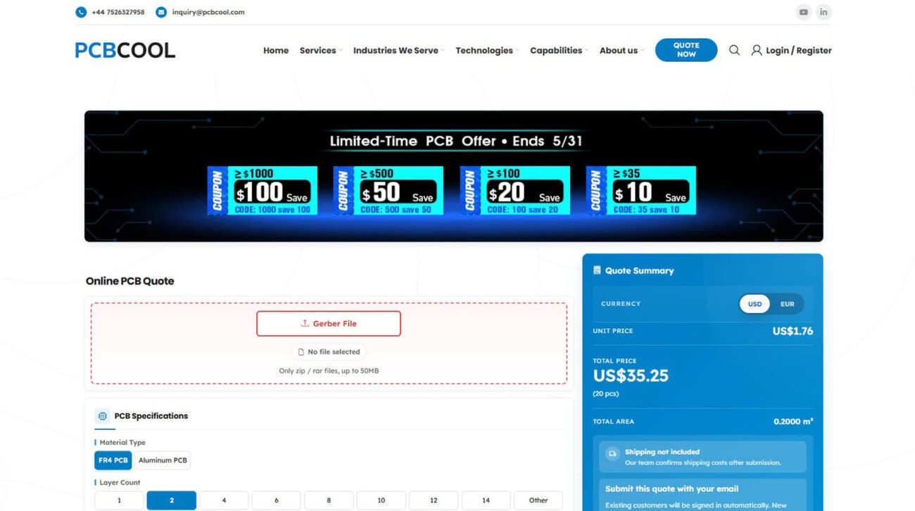 Screenshots des PCBCool Online-Anfragesystems