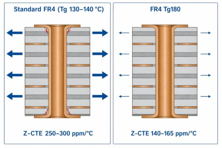 Ilustración de sección transversal lado a lado comparando un vía de agujero pasante metalizado en FR4 estándar versus FR4 Tg180 bajo ciclado térmico