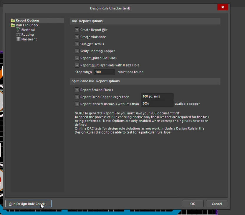 La interfaz de verificación DRC en Circuit Maker