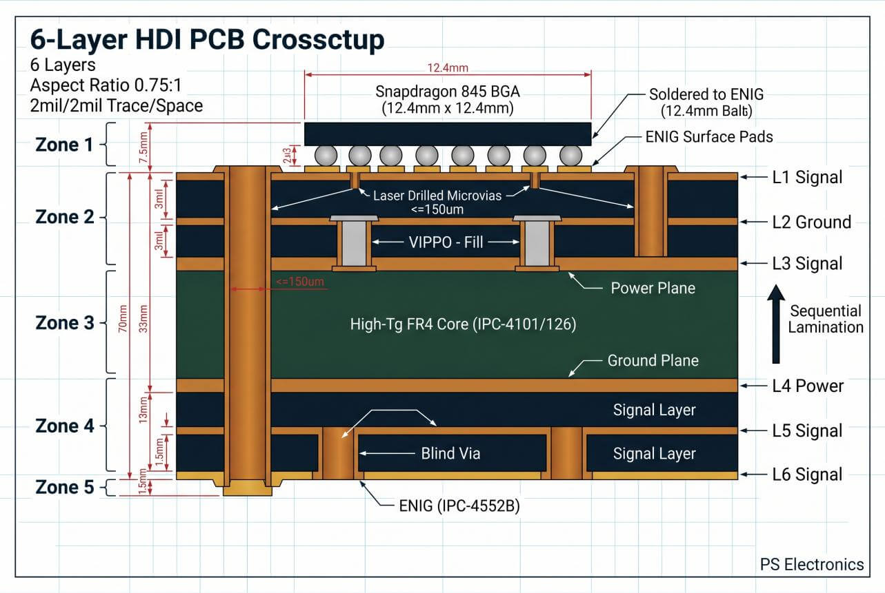 Corte transversal de PCB HDI de 6 capas que muestra microvía, VIPPO y separación de capas de señal/alimentación