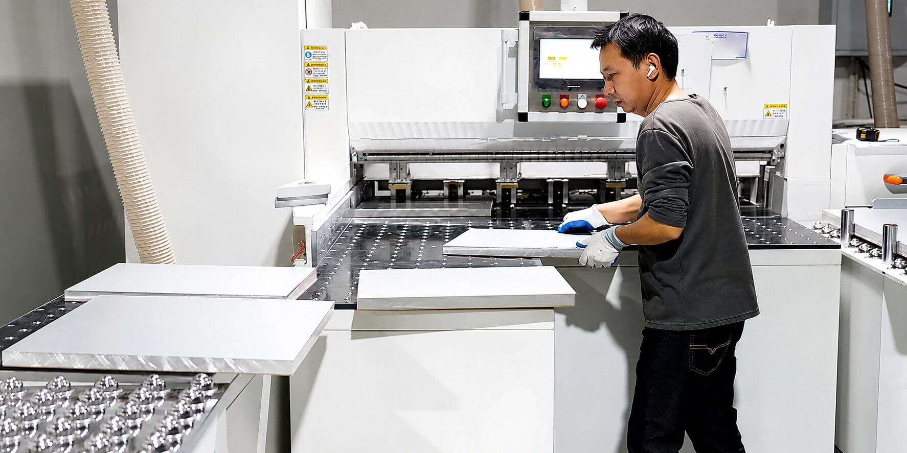A Chinese Worker Operating a PCB Cutting Machine