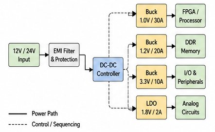 Arquitectura de fuente de alimentación PCB multi-riel con controlador DC-DC, reguladores buck, regulador LDO y control de secuenciación
