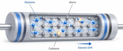 Diagrama esquemático de colisiones de electrones en un átomo en una resistencia