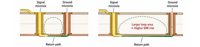 Colocación de microvías de señal y de tierra mostrando la continuidad de la ruta de retorno y el riesgo de EMI en el diseño de PCBs HDI