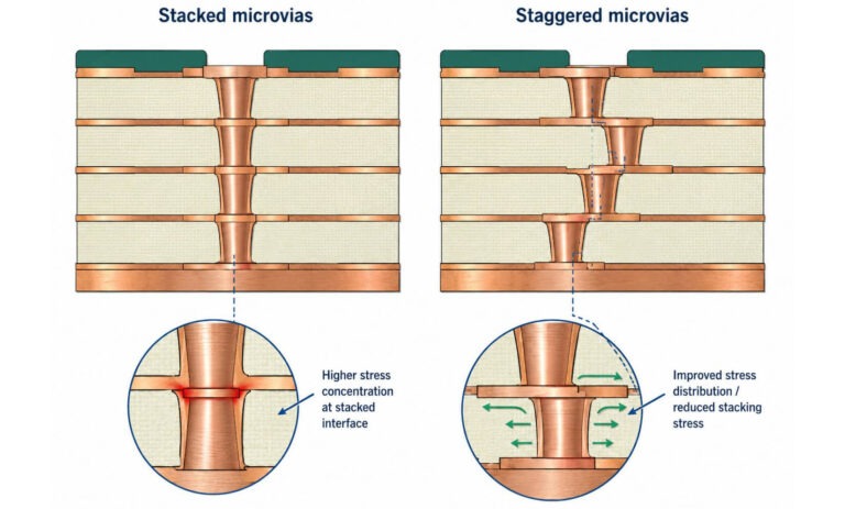 Comparación de microvías apiladas y microvías escalonadas que muestran la concentración de tensiones en el diseño de fiabilidad de placas de circuito impreso HDI