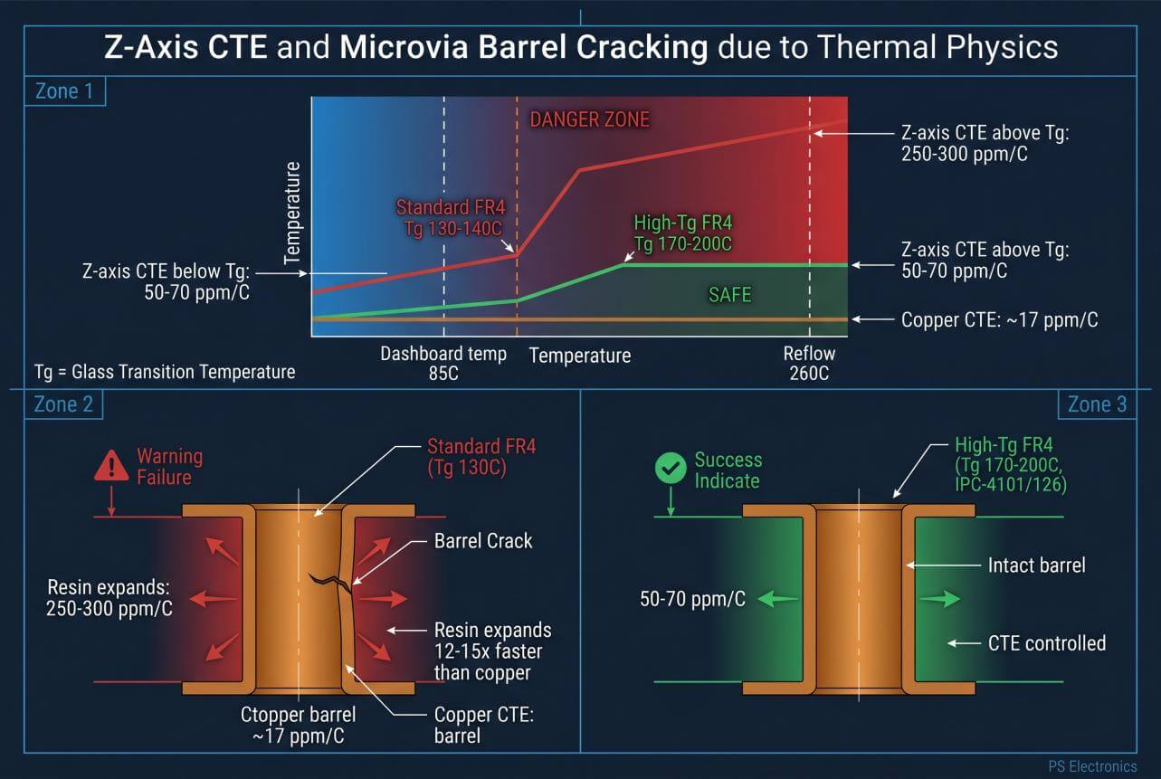 CTE del eje Z y agrietamiento del barril de microvía: FR4 estándar vs. FR4 de Tg alta