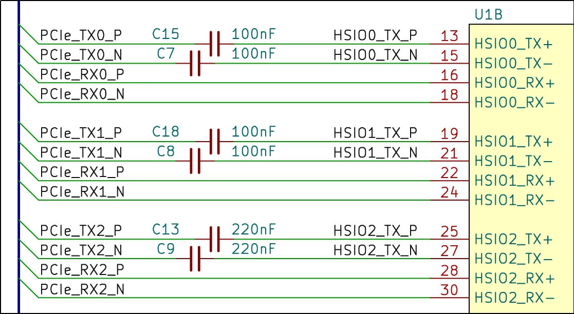 PCIe Gen3 differential pair schematic for a LattePanda Mu carrier board with AC coupling capacitors on TX lanes