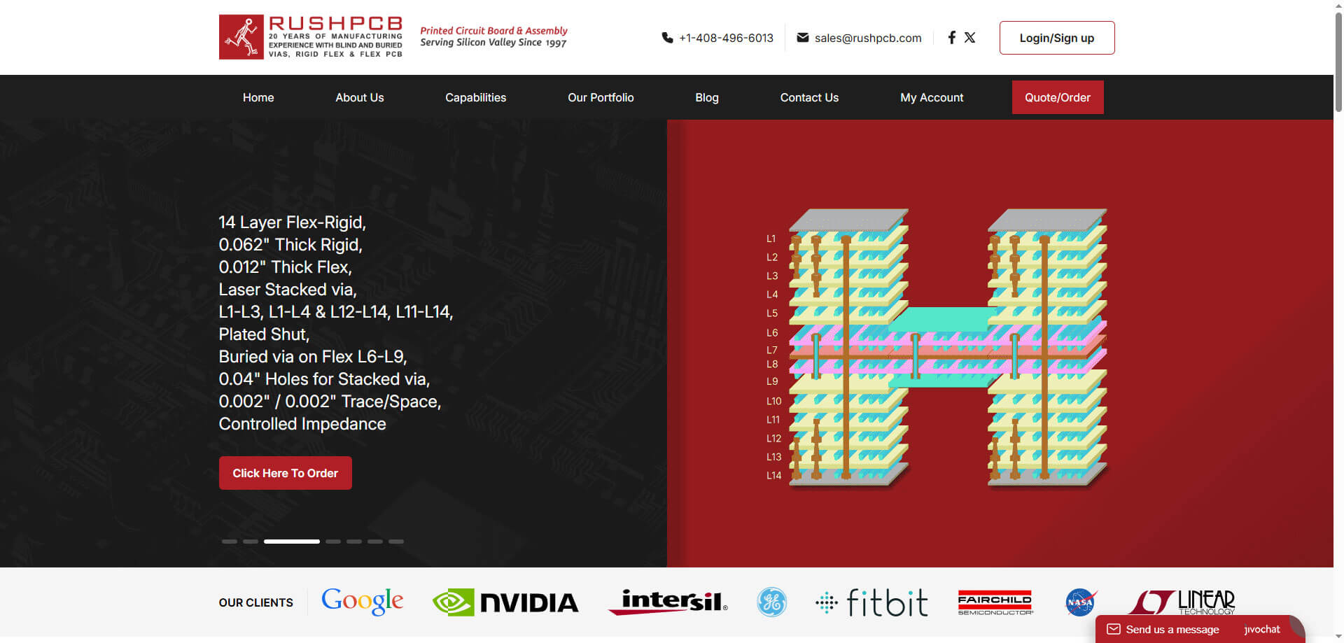 Captura de pantalla de la página de inicio del sitio web oficial de Rush PCB