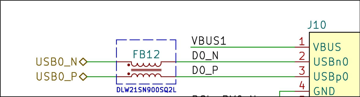 USB 2.0 D+D− common mode choke circuit for EMI suppression on a LattePanda Mu carrier board