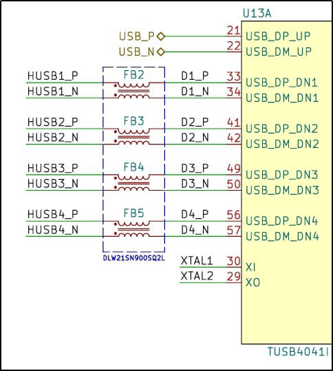 USB 2.0 hub controller schematic for a LattePanda Mu carrier board with four downstream ports and common mode chokes
