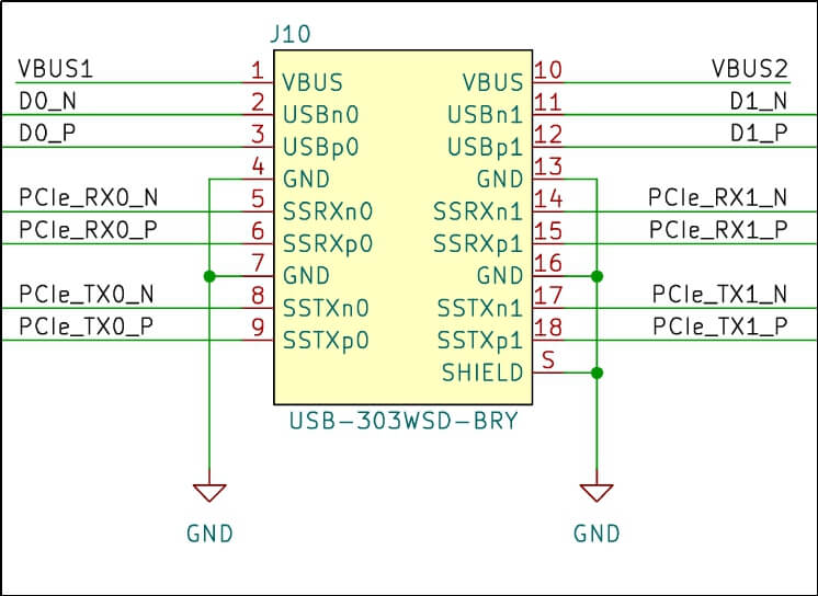USB 3.0 dual Type A connector schematic for a LattePanda Mu carrier board with USB 2.0 data lines and SuperSpeed differential pairs