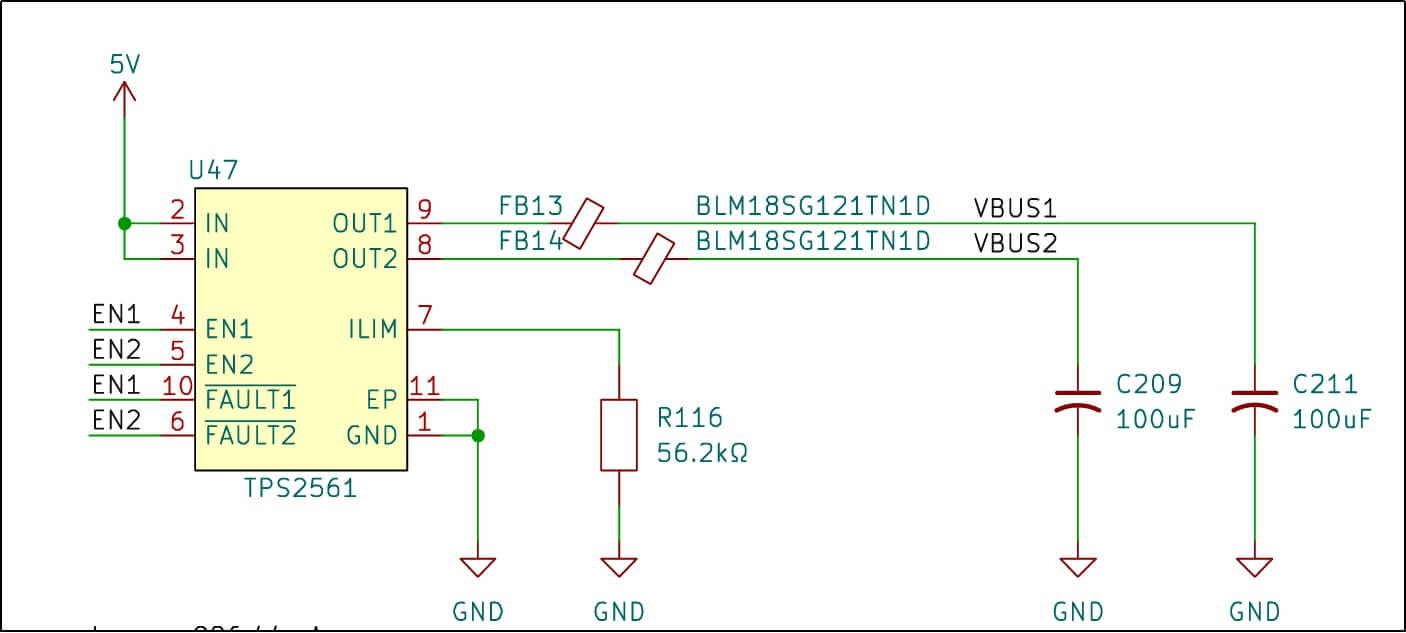 USB VBUS power switch circuit with current limiting and fault protection for dual USB 3.0 ports
