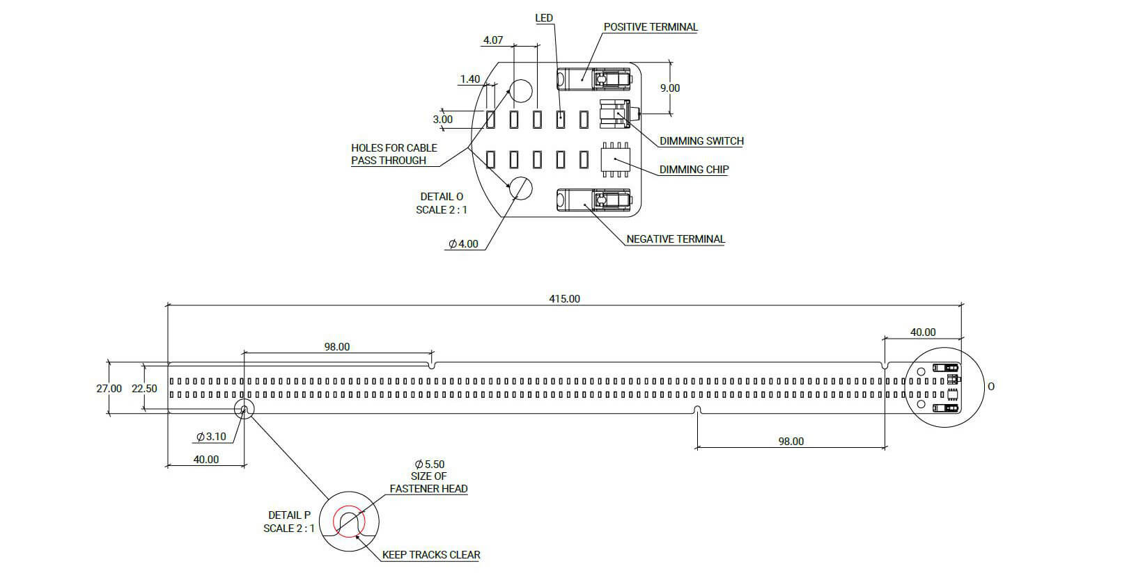 2D engineering drawing of a long narrow LED board showing fixed terminals, switch, and mounting holes.
