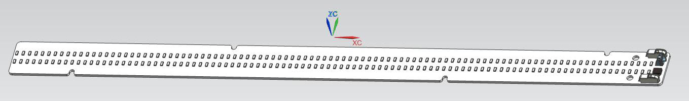 3D render of a long narrow LED circuit board with dense emitter footprints