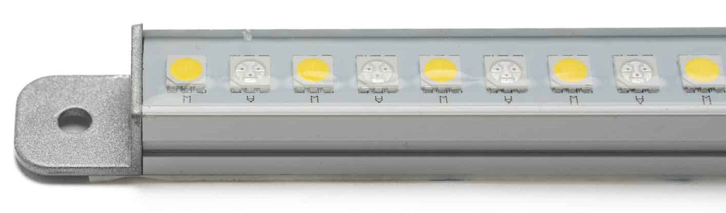 Close up of an LED PCBA with alternating white and amber 5050 LEDs