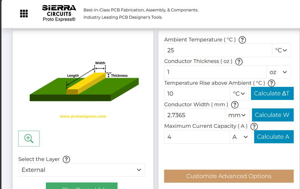 Sierra circuits online PCB trace width calculator